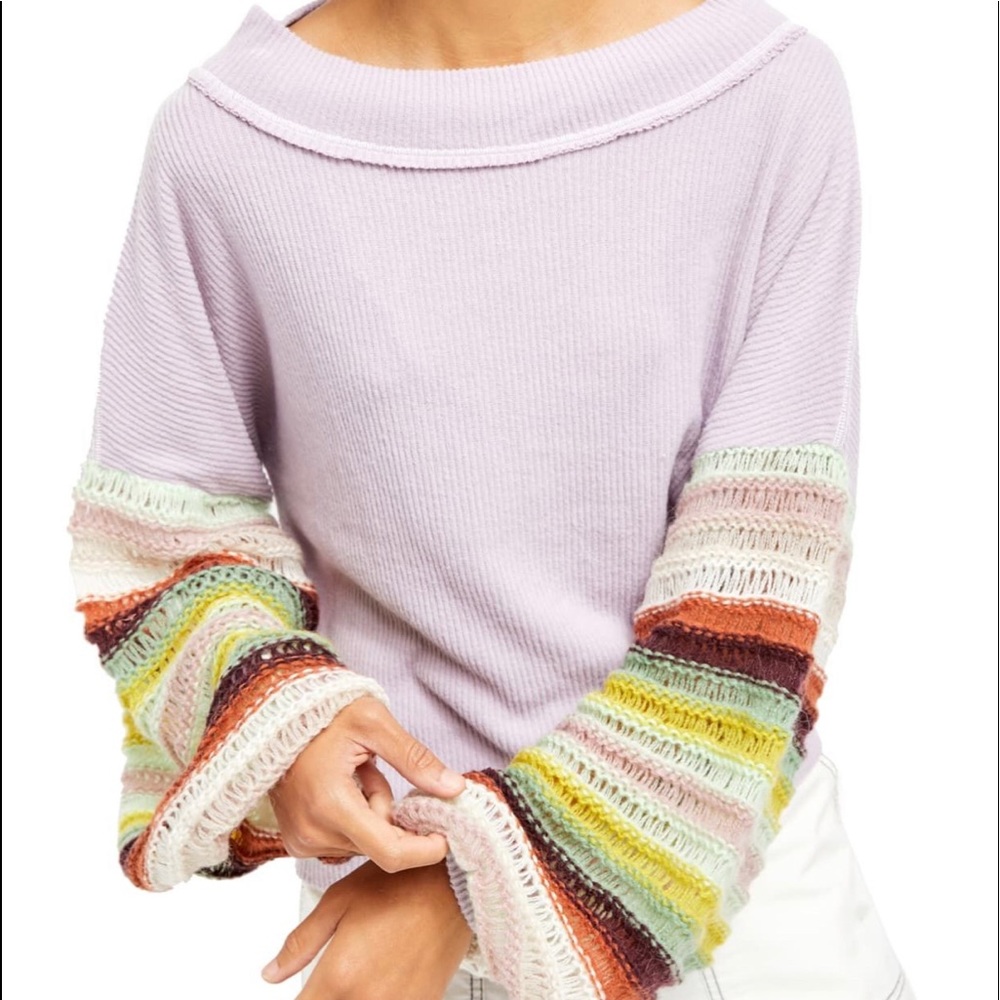 Free People Lavender Scoop Neck Sweater with Multicolor Striped Bell Sleeves